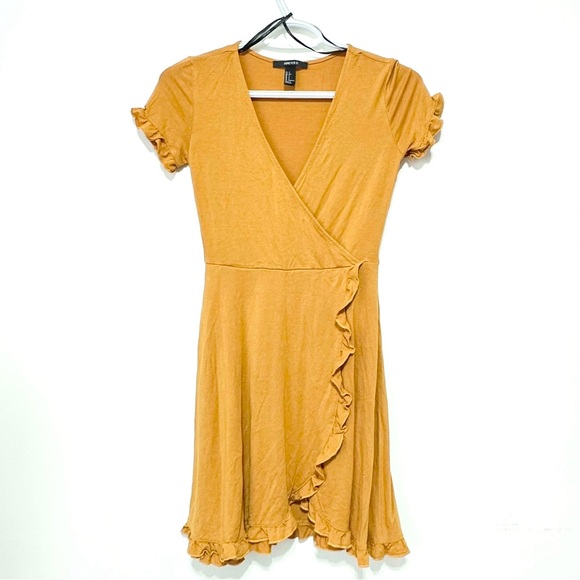 Forever 21 Like New Amber Yellow Ruffled Wrap Mini Dress Size Small - Picture 12 of 12